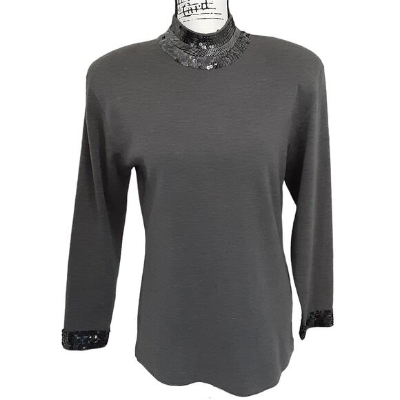 Vintage 90s Sequin Mock Neck Sweater Beaded Gray Long Sleeve Womens M Dynasty - Picture 2 of 11